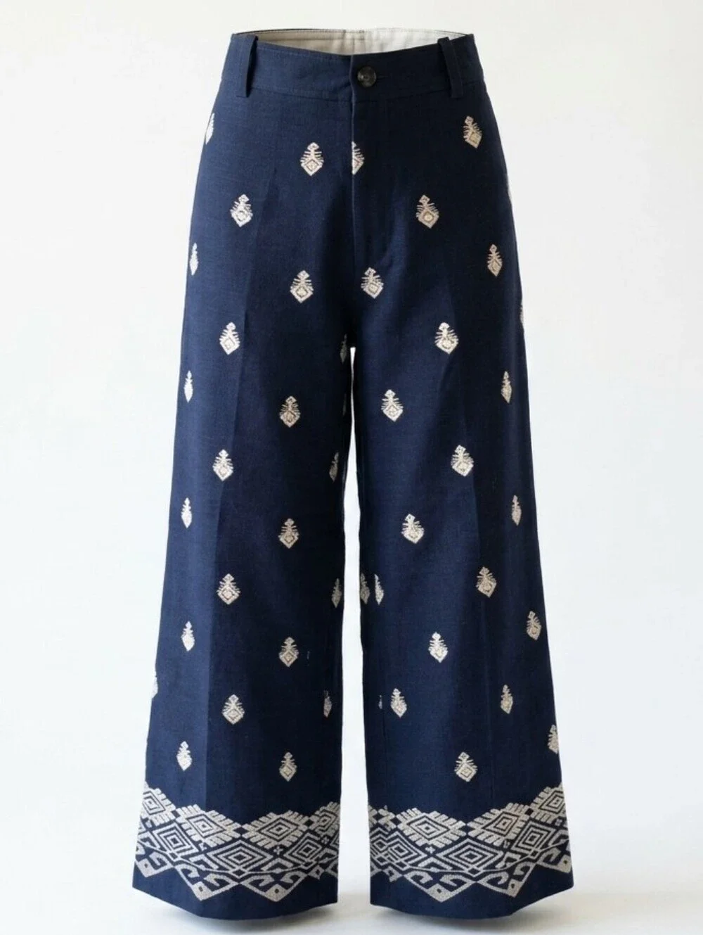 Zara High Waisted Embroidered Culottes Linen Blend Cropped Wide Leg Pants Sz.L